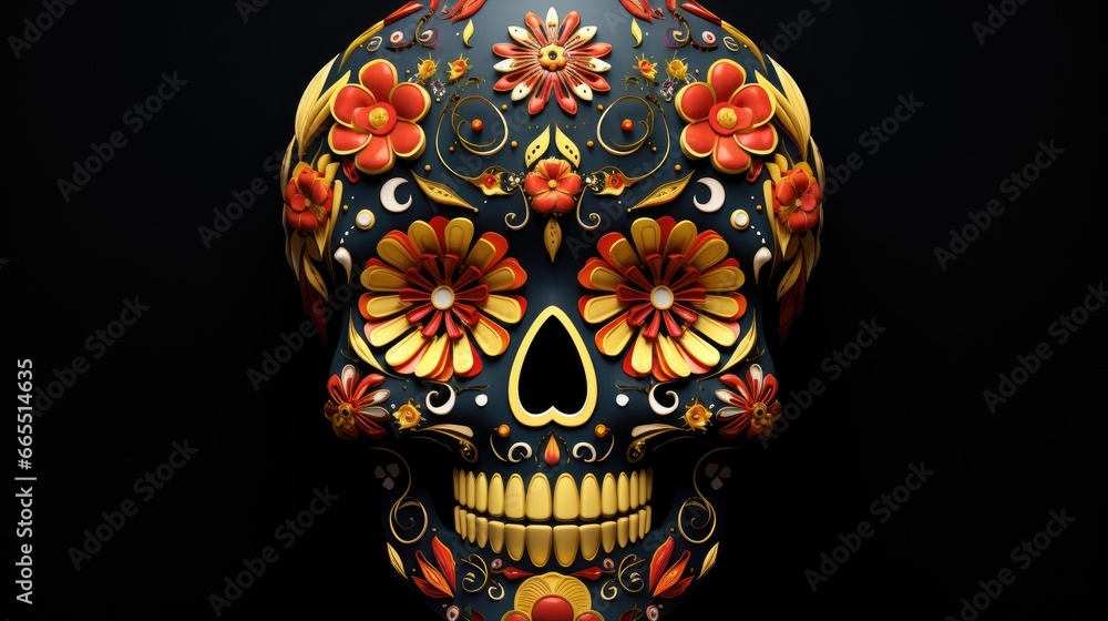 Wall mural 3D rendered day of the dead sugar skull with colorful pattern isolated on black background