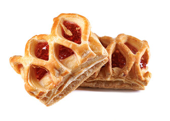 Puff pastry pastry with lingonberry jam isolated on a white background. Cookies with lingonberry...