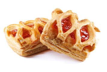 Puff pastry pastry with lingonberry jam isolated on a white background. Cookies with lingonberry...