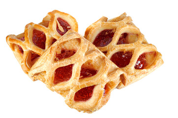 Puff pastry pastry with lingonberry jam isolated on a white background. Cookies with lingonberry...