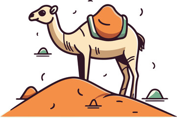 Camel in desert. Vector illustration in flat cartoon style on white background.