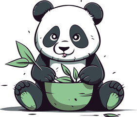 Cute panda sitting in a pot with green leaves. Vector illustration.