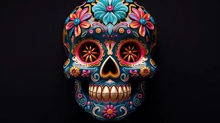 Rolgordijnen Schedel 3D rendered day of the dead sugar skull with colorful pattern isolated on black background