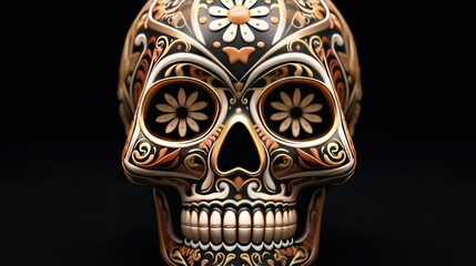 Obraz premium 3D rendered day of the dead sugar skull with colorful pattern isolated on black background