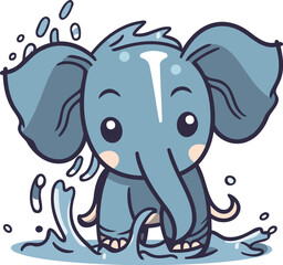 Cute cartoon elephant with splashes of water. Vector illustration.