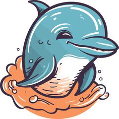 Cute cartoon dolphin jumping out of the water. Vector illustration.