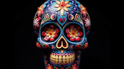 Naklejka premium 3D rendered day of the dead sugar skull with colorful pattern isolated on black background