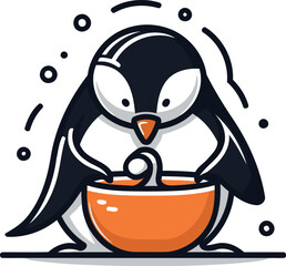 Cute penguin drinking water from a bowl. Vector illustration.