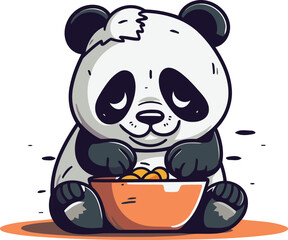 Cute panda with a bowl of food. Vector illustration.