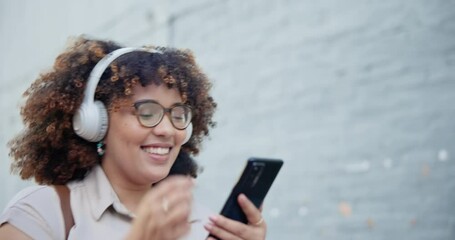 Woman, dance and headphones with smartphone by outdoor, notification and success to win bonus on podcast. Mexican person, fashion clothes or designer with music to celebrate work competition voucher