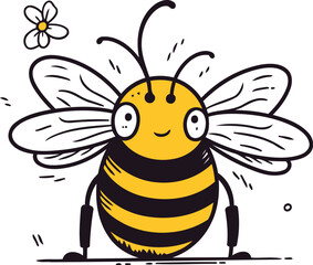 Cute cartoon bee with flower. Vector illustration isolated on white background.