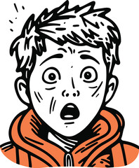 Scared boy in winter clothes. Vector illustration in doodle style.