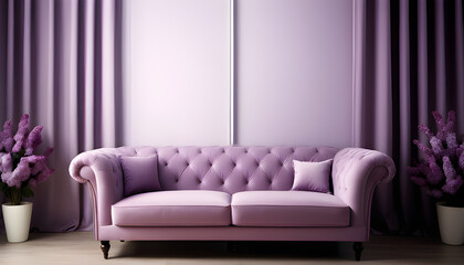 Purple Chesterfield Sofa in Room with Purple Curtains