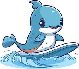 Illustration of a Cute Cartoon Blue Whale Surfing on Water