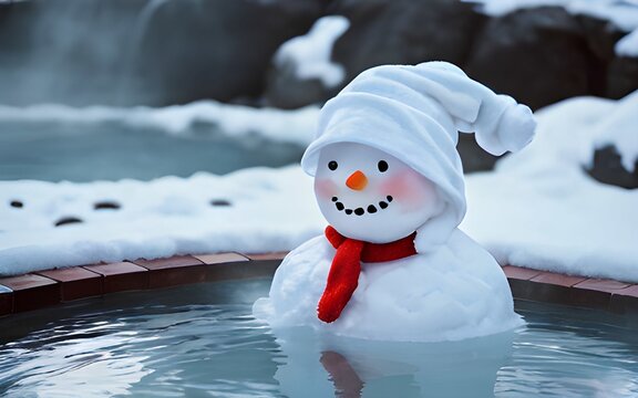 Happy snowman melting in the warm water of a hot spring, Generative Ai