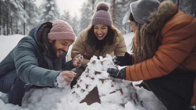 Multicultural friends building an igloo together in a snowy landscape,  creating a unique winter tradition - Powered by Adobe