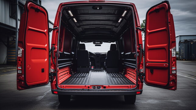 Rear view of an empty logistics truck with its trunk with open doors. Huge rear view of an empty red van with open trunk. Generative AI