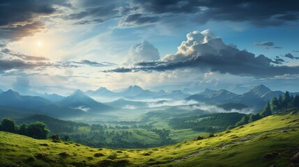 view of the mountains with clouds, forest and grass	