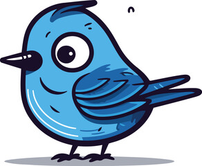 Cute cartoon blue bird isolated on white background. Vector illustration.