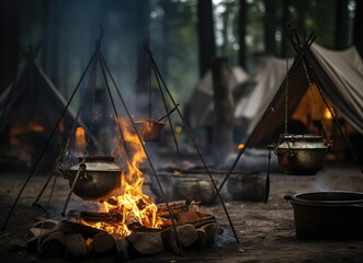 campfire in the forest with tents behind 