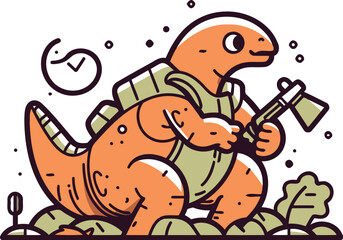 Tyrannosaurus dinosaur with a gun in his hand. Vector illustration.