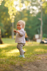Caucasian little child baby in the park in summer in the setting sun, outdoor walking