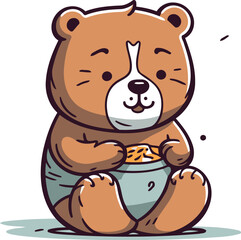 Cute cartoon bear sitting with a bowl of cereals. Vector illustration.