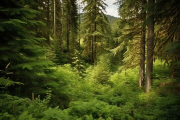 Lush forest with spruce, fir, and pine trees in a national park. Imparts information on sustainable industries, ecosystems, and environments. Generative AI