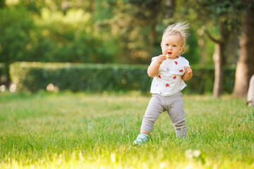 Caucasian little child baby in the park in summer in the setting sun, outdoor walking