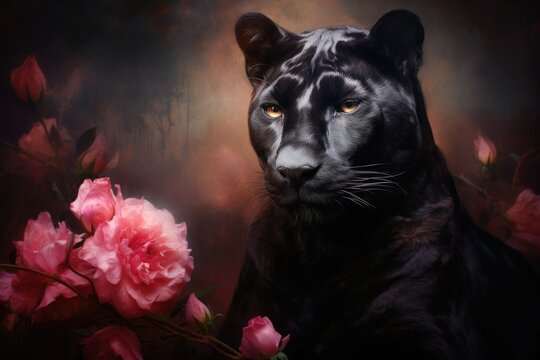  a painting of a black panther with pink flowers in front of it.  generative ai