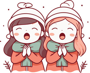 Cute little girls in winter clothes. Vector illustration in cartoon style.