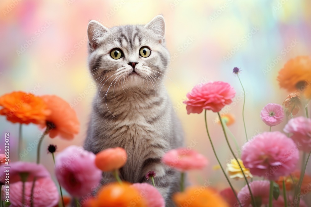 Poster  a cat sitting in a field of flowers with a colorful background.  generative ai