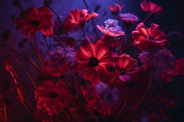 Obraz na płótnie Canvas Flowers on a purple background with red light behind them. Generative AI
