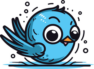 Cute blue bird isolated on white background. Cartoon vector illustration.