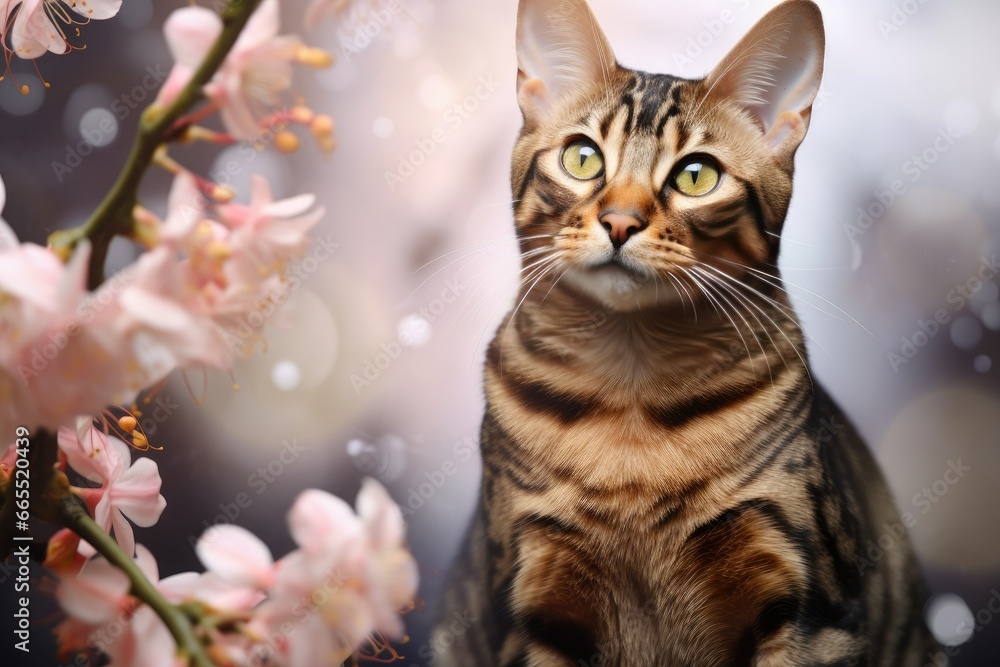 Poster a cat sitting in front of a tree with pink flowers. generative ai
