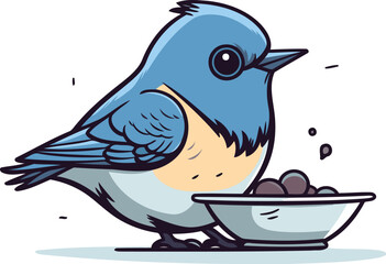 Vector illustration of a cute blue bird with a bowl of food.