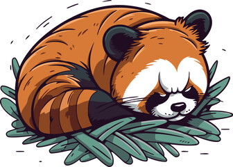Cute red panda sleeping on green leaves. Vector illustration.