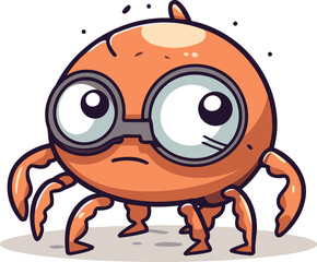 Funny cartoon crab character with big eyes and glasses. Vector illustration.