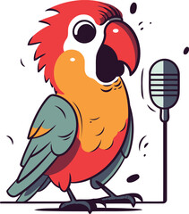 Vector illustration of a cute parrot singing a song with a microphone.