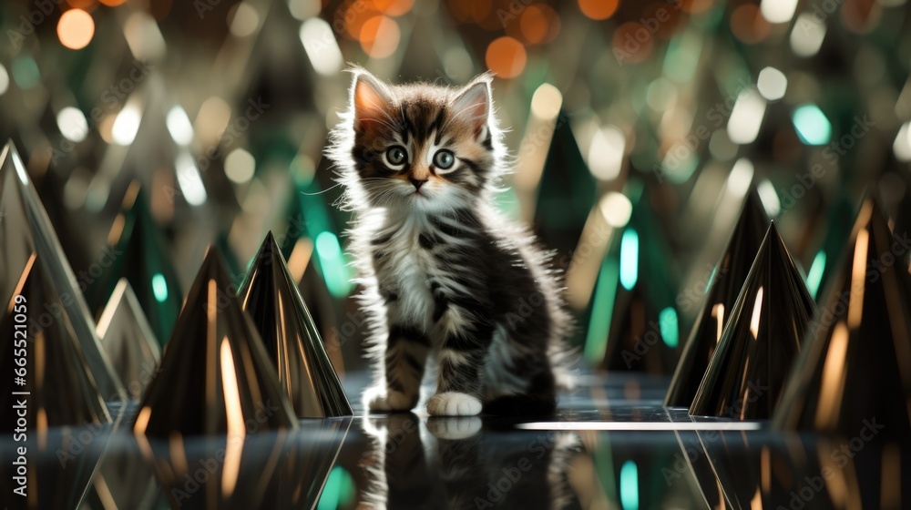 Poster a kitten is standing in front of a group of triangles, ai