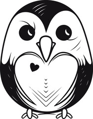 Owl with heart in his beak. Black and white vector illustration.