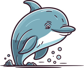 Cute cartoon dolphin jumping out of the water. Vector illustration.