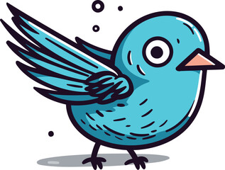 Cute blue bird with wings isolated on white background. Vector illustration.