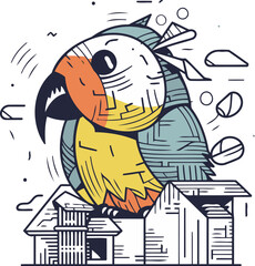 Cute parrot on the farm. Hand drawn vector illustration.