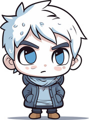 Cute boy with blue eyes wearing winter clothes. Vector illustration.