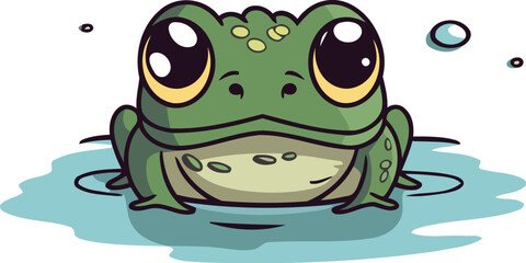 Cute cartoon frog in water. Vector illustration isolated on white background.