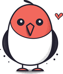 Cute cartoon penguin with heart on white background. Vector illustration.