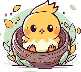 Cute little chick in a nest with leaves. Vector illustration.