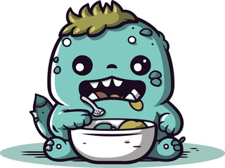 Funny cartoon monster eating a bowl of food. Vector illustration.