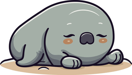 Cute cartoon baby seal sleeping on the ground. Vector illustration.